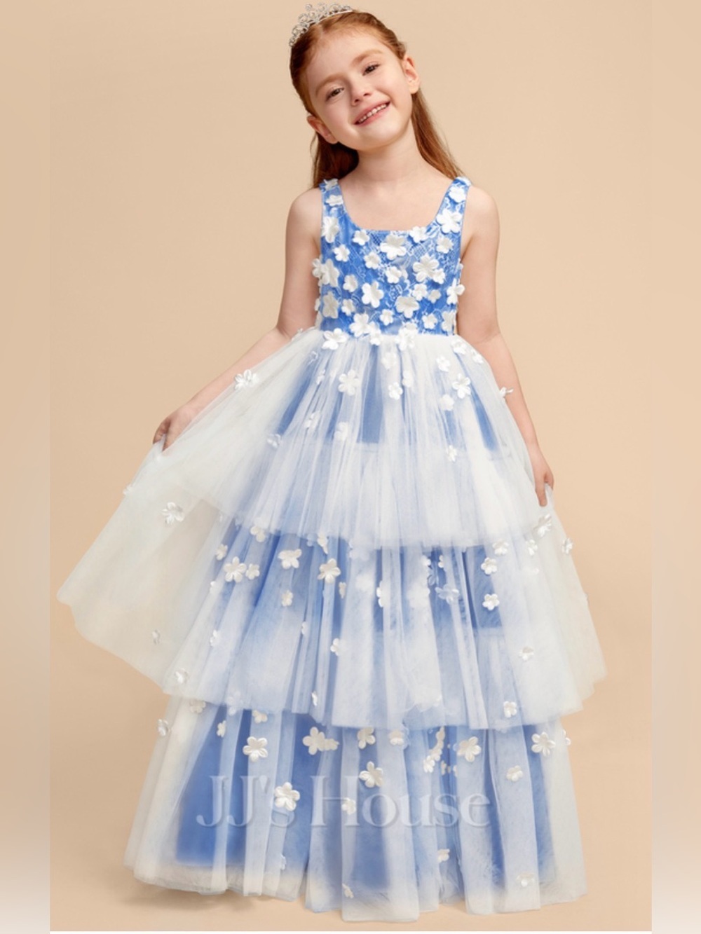 JJs House Blue & White 3D Floral Tulle Girls' Formal Dress